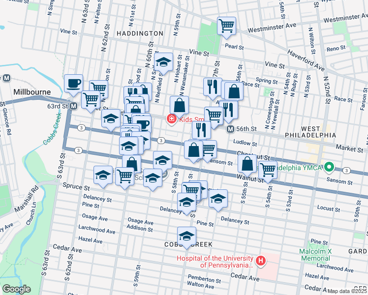 map of restaurants, bars, coffee shops, grocery stores, and more near 5744 Chestnut Street in Philadelphia