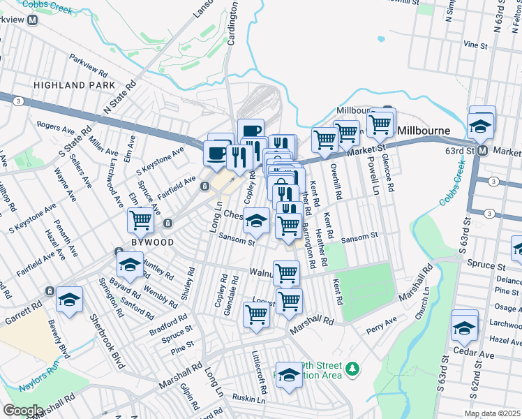 map of restaurants, bars, coffee shops, grocery stores, and more near 46 Hampden Road in Upper Darby