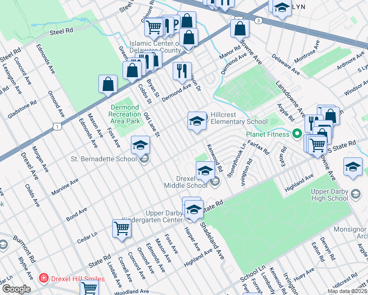 map of restaurants, bars, coffee shops, grocery stores, and more near 1002 Bryan Street in Drexel Hill