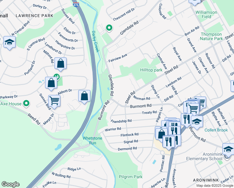 map of restaurants, bars, coffee shops, grocery stores, and more near 513 Glendale Road in Havertown