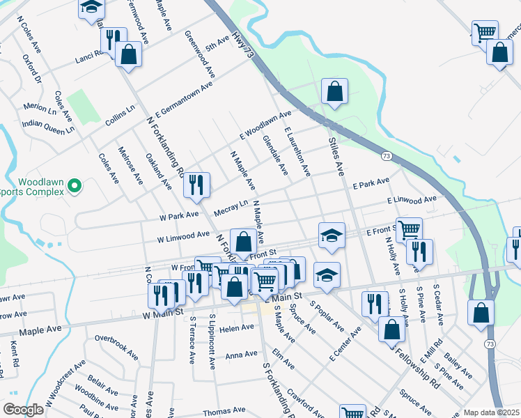 map of restaurants, bars, coffee shops, grocery stores, and more near 102 East Park Avenue in Maple Shade Township