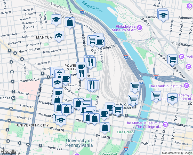 map of restaurants, bars, coffee shops, grocery stores, and more near in Philadelphia