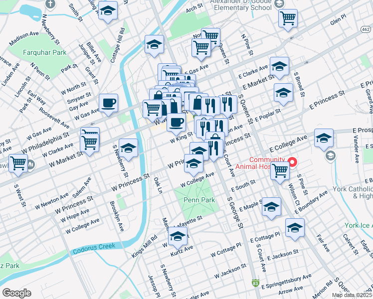 map of restaurants, bars, coffee shops, grocery stores, and more near 137 South Beaver Street in York