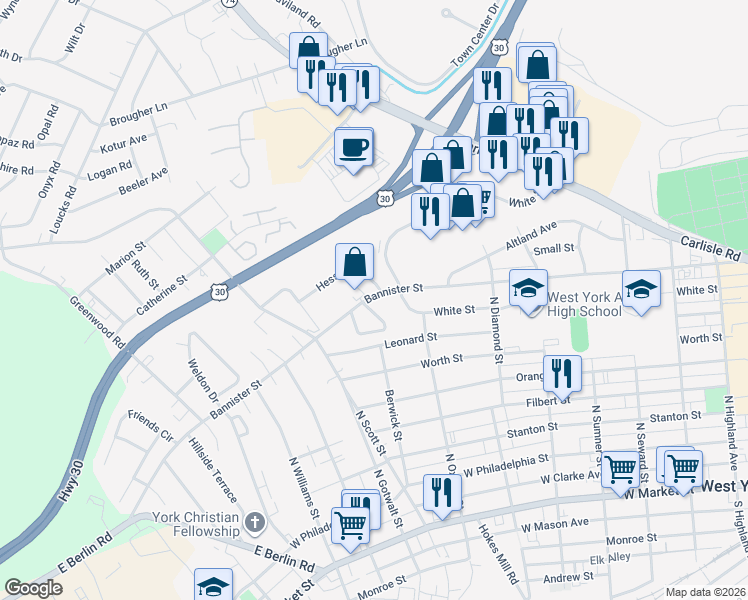 map of restaurants, bars, coffee shops, grocery stores, and more near 2036 Bannister Street in York