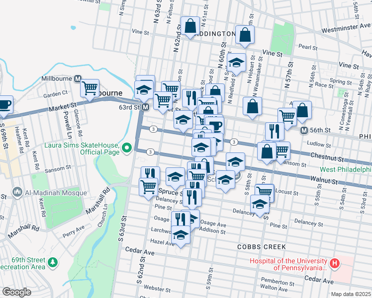 map of restaurants, bars, coffee shops, grocery stores, and more near 127 South 61st Street in Philadelphia