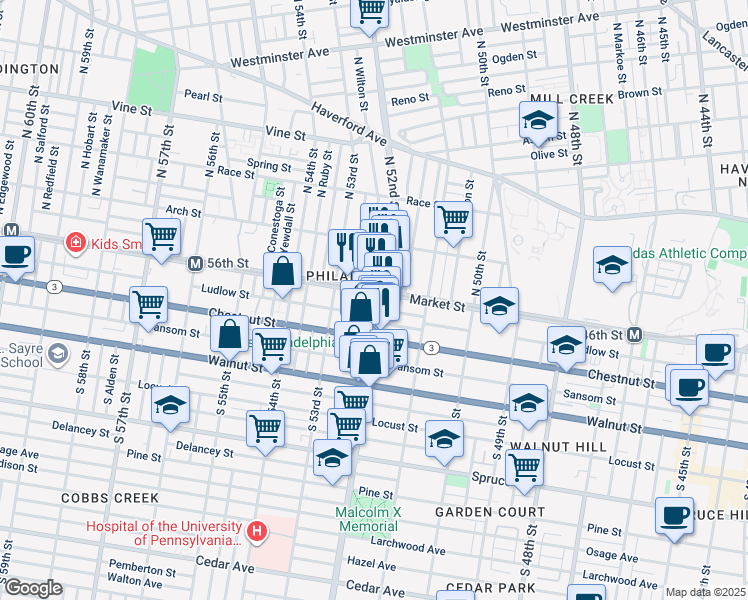 map of restaurants, bars, coffee shops, grocery stores, and more near 4 South 52nd Street in Philadelphia