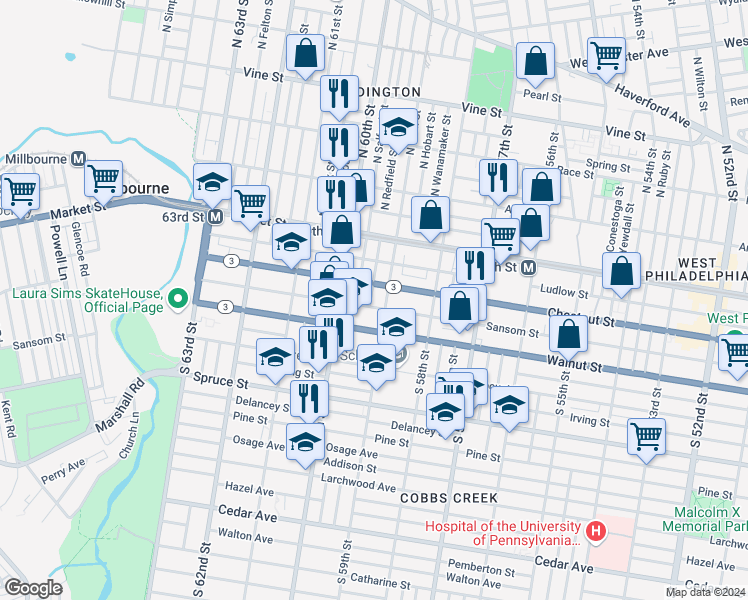 map of restaurants, bars, coffee shops, grocery stores, and more near 121 South Redfield Street in Philadelphia