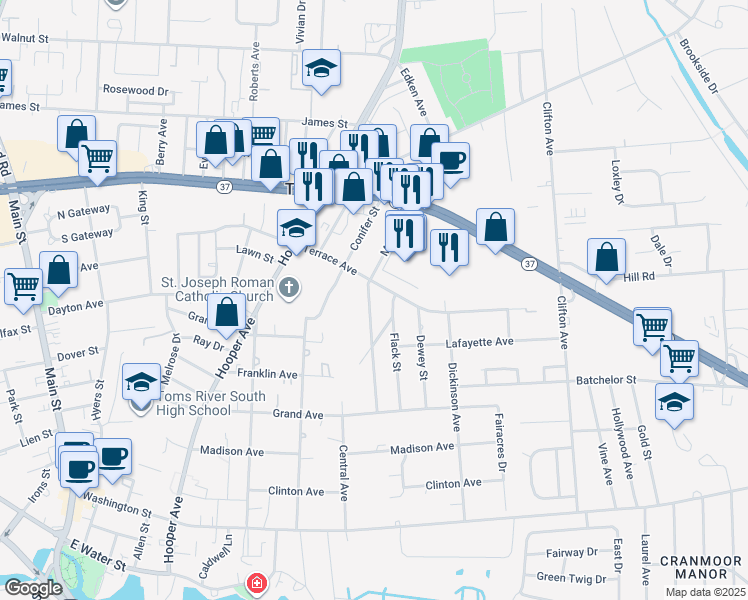 map of restaurants, bars, coffee shops, grocery stores, and more near 217 Marian Street in Toms River