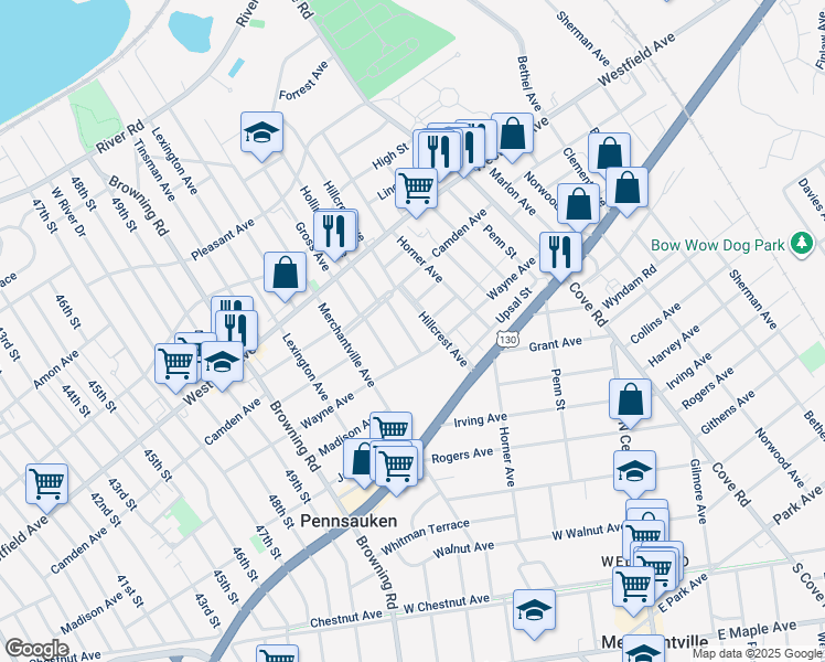 map of restaurants, bars, coffee shops, grocery stores, and more near 2254 Hollinshed Avenue in Pennsauken