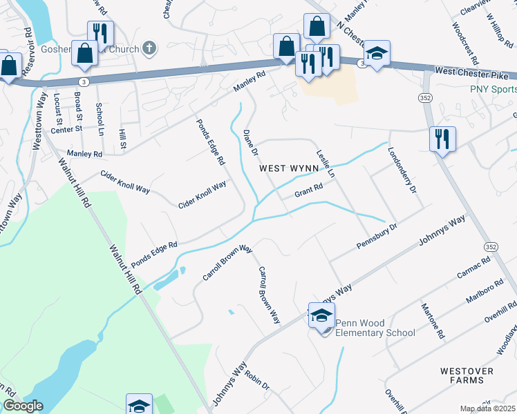 map of restaurants, bars, coffee shops, grocery stores, and more near 1430 Ponds Edge Road in West Chester