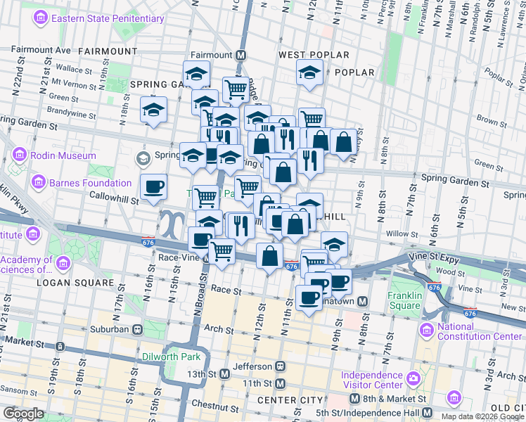 map of restaurants, bars, coffee shops, grocery stores, and more near 1201 Callowhill Street in Philadelphia