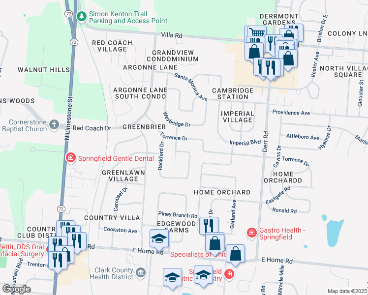 map of restaurants, bars, coffee shops, grocery stores, and more near 813 Torrence Drive in Springfield
