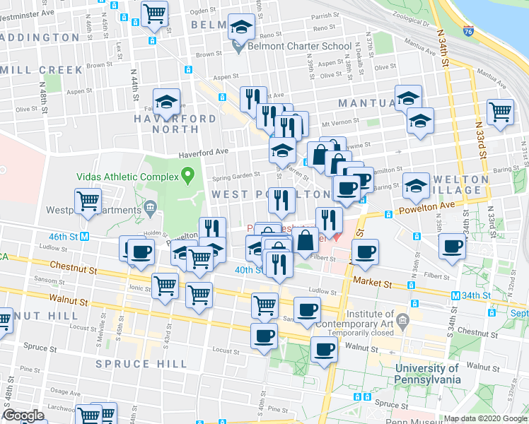 map of restaurants, bars, coffee shops, grocery stores, and more near 328 North Wiota Street in Philadelphia