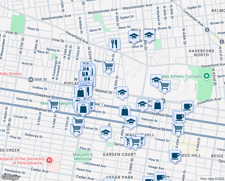map of restaurants, bars, coffee shops, grocery stores, and more near 4 North 50th Street in Philadelphia