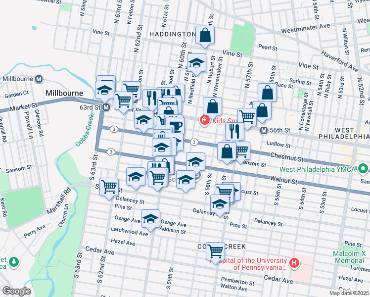 map of restaurants, bars, coffee shops, grocery stores, and more near 121 South Redfield Street in Philadelphia