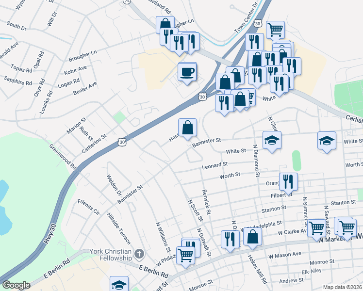 map of restaurants, bars, coffee shops, grocery stores, and more near 2147 Bannister Street in York