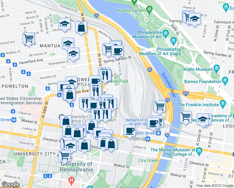 map of restaurants, bars, coffee shops, grocery stores, and more near 3200 Winter Street in Philadelphia