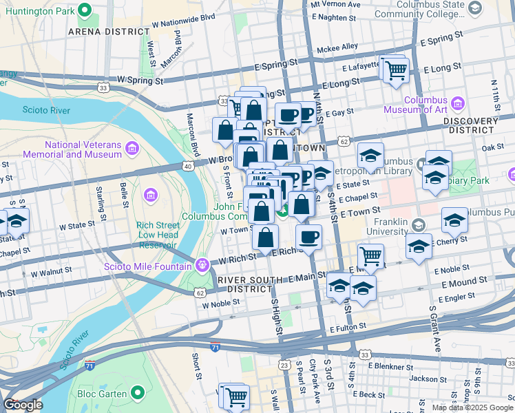 map of restaurants, bars, coffee shops, grocery stores, and more near 17 West State Street in Columbus
