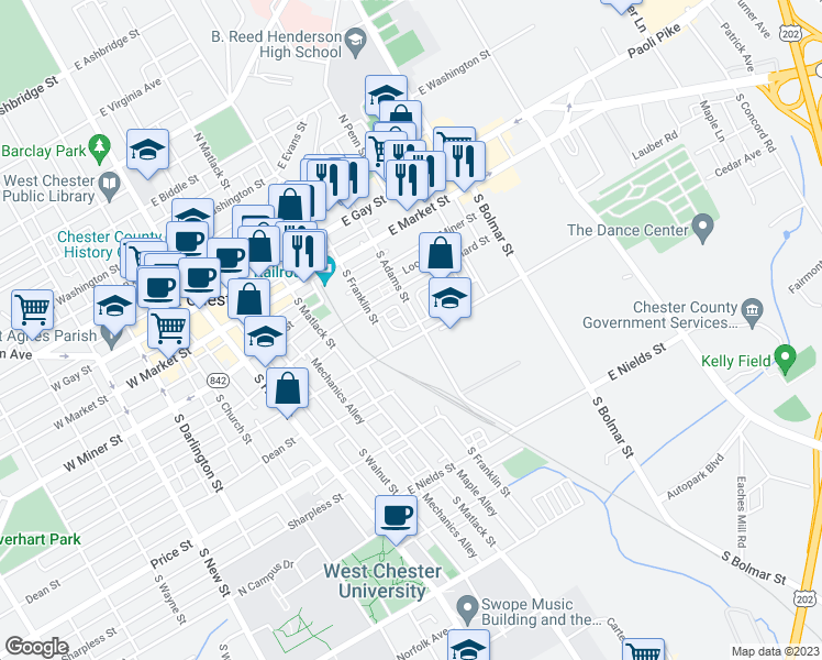 map of restaurants, bars, coffee shops, grocery stores, and more near 168 Justin Drive in West Chester