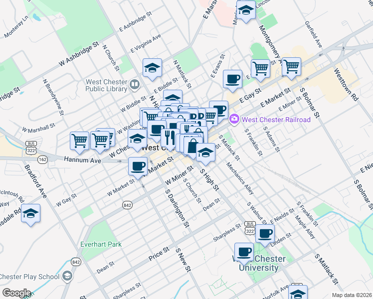 map of restaurants, bars, coffee shops, grocery stores, and more near 4 East Market Street in West Chester
