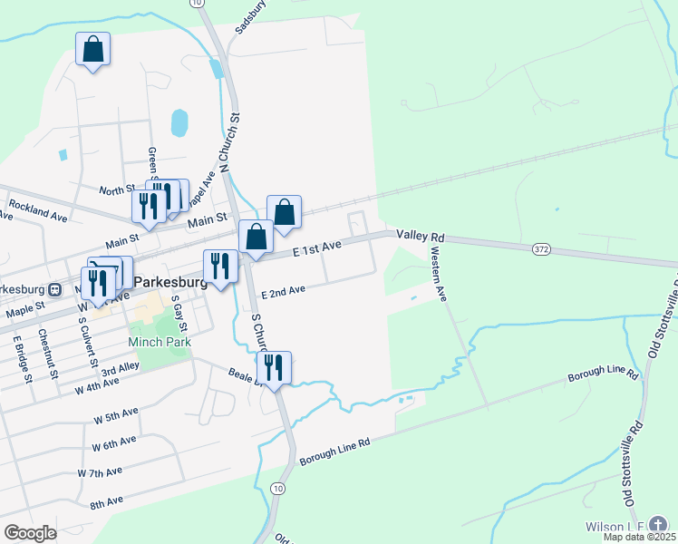 map of restaurants, bars, coffee shops, grocery stores, and more near 105 East 2nd Avenue in Parkesburg