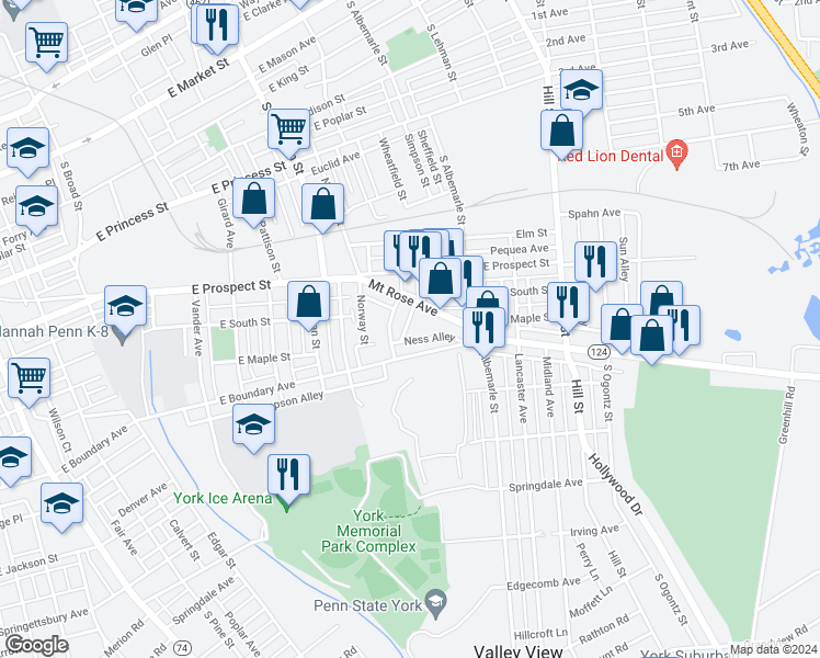 map of restaurants, bars, coffee shops, grocery stores, and more near 1006-1/2 Mount Rose Avenue in York