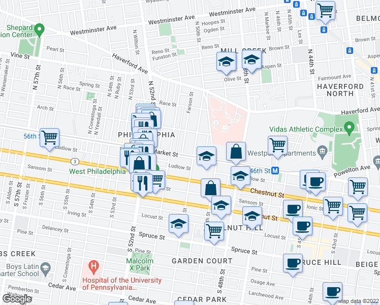 map of restaurants, bars, coffee shops, grocery stores, and more near 4 North 50th Street in Philadelphia