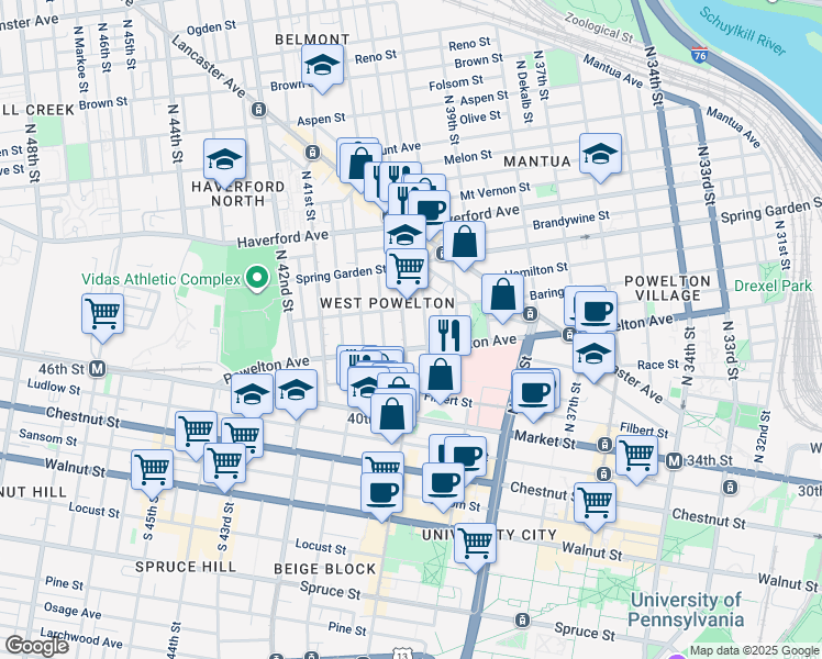 map of restaurants, bars, coffee shops, grocery stores, and more near 319 North 40th Street in Philadelphia