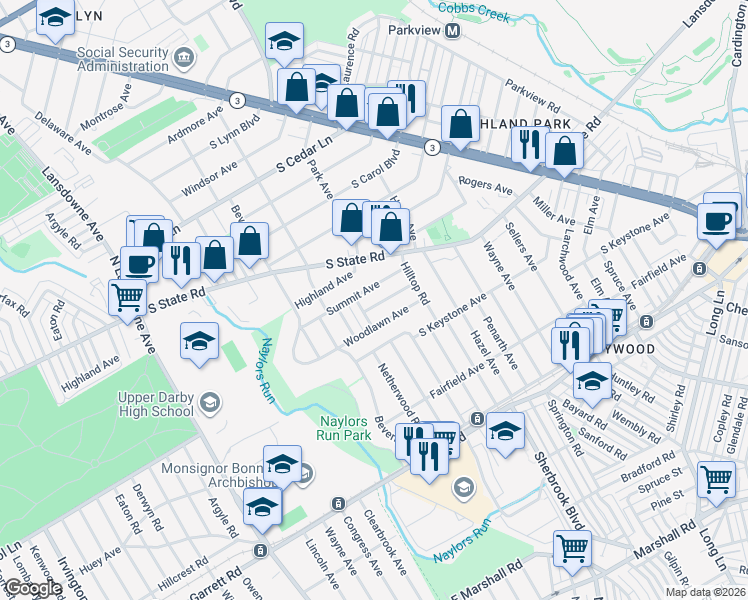 map of restaurants, bars, coffee shops, grocery stores, and more near 120 Crestview Road in Delaware County