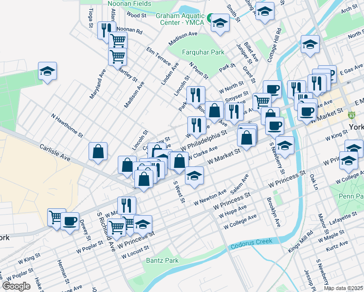 map of restaurants, bars, coffee shops, grocery stores, and more near 545 West Philadelphia Street in York