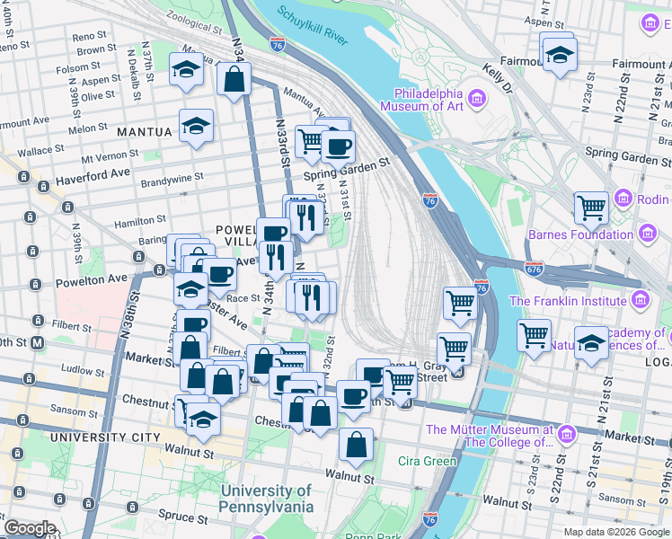 map of restaurants, bars, coffee shops, grocery stores, and more near in Philadelphia
