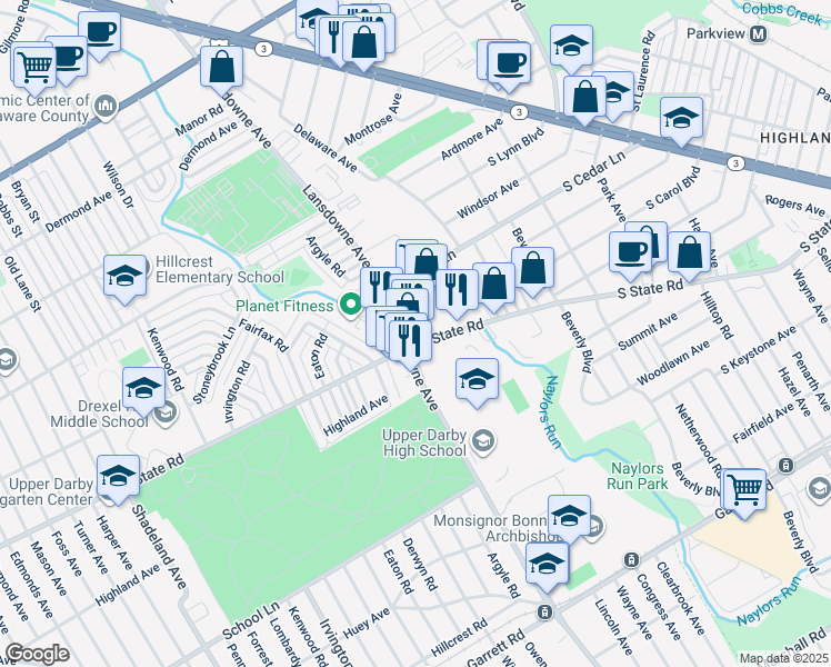 map of restaurants, bars, coffee shops, grocery stores, and more near in Delaware County