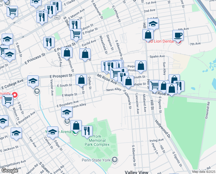 map of restaurants, bars, coffee shops, grocery stores, and more near 1006-1/2 Mount Rose Avenue in York