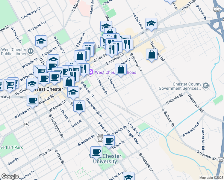 map of restaurants, bars, coffee shops, grocery stores, and more near 140 Justin Drive in West Chester