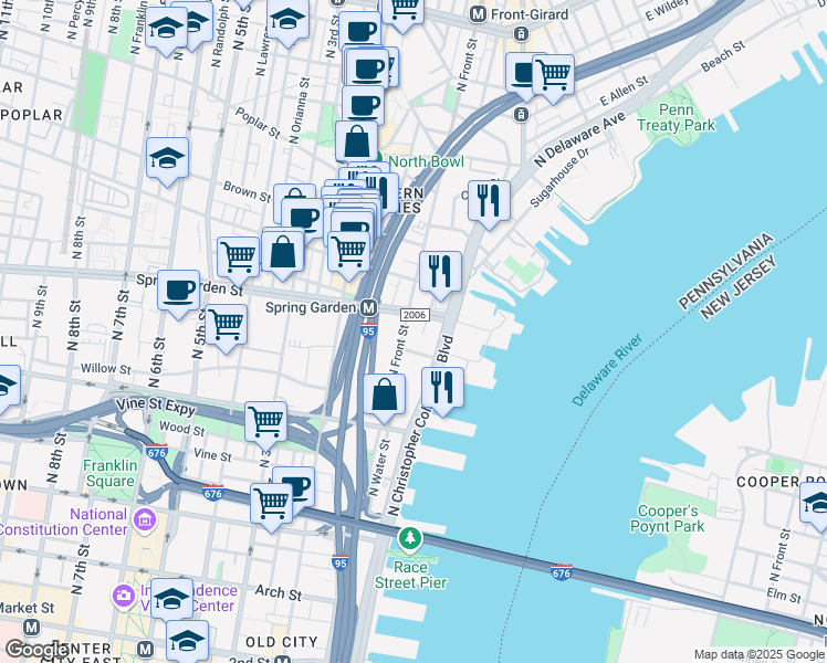 map of restaurants, bars, coffee shops, grocery stores, and more near 52 Spring Garden Street in Philadelphia