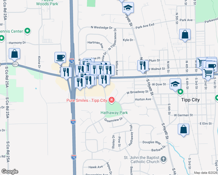 map of restaurants, bars, coffee shops, grocery stores, and more near 14 South Tippecanoe Drive in Tipp City