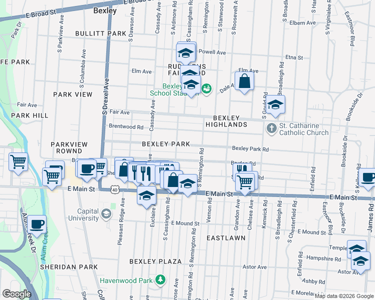 map of restaurants, bars, coffee shops, grocery stores, and more near 2565 Bexley Park Road in Columbus