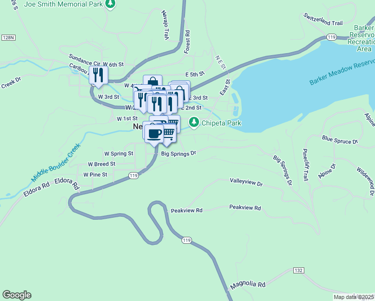 map of restaurants, bars, coffee shops, grocery stores, and more near 150 Lakeview Place in Nederland