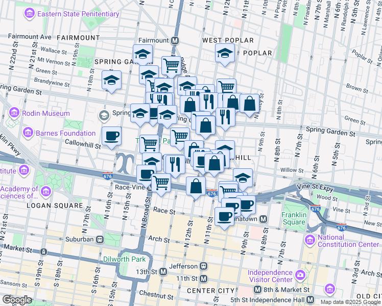 map of restaurants, bars, coffee shops, grocery stores, and more near 1221 Noble Street in Philadelphia