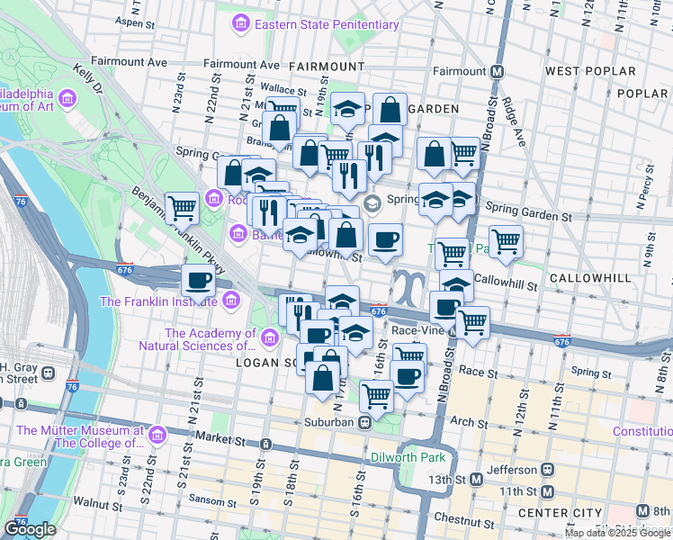 map of restaurants, bars, coffee shops, grocery stores, and more near 2 Franklin Town Boulevard in Philadelphia