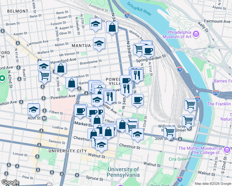 map of restaurants, bars, coffee shops, grocery stores, and more near in Philadelphia