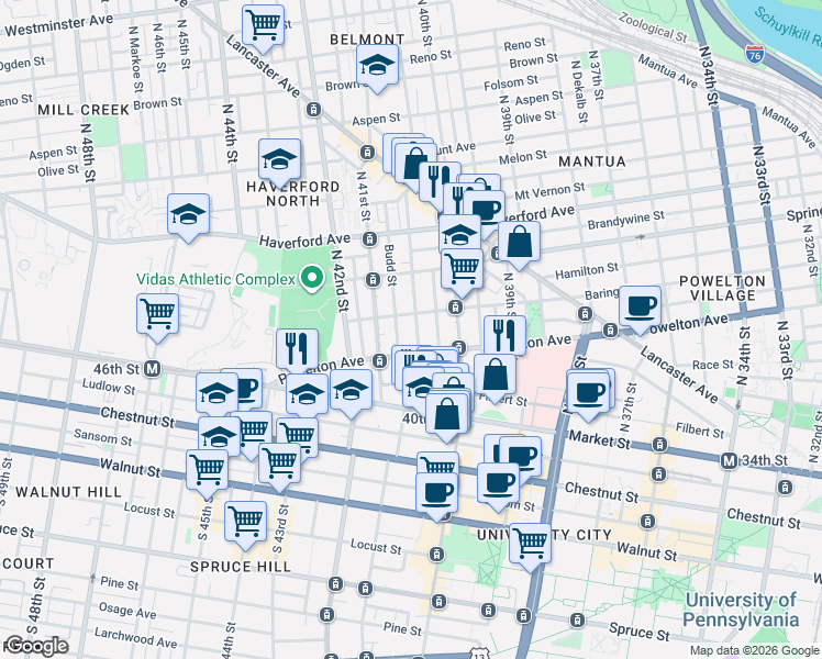 map of restaurants, bars, coffee shops, grocery stores, and more near 4036 Baring Street in Philadelphia