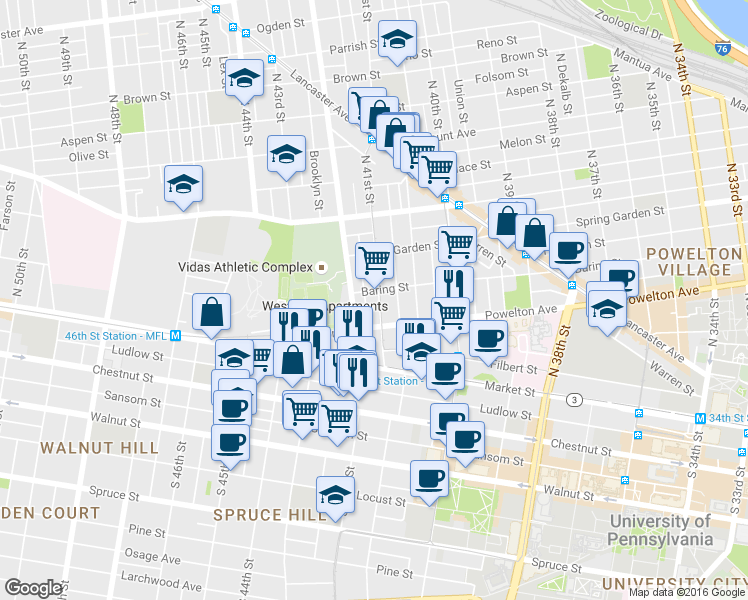 map of restaurants, bars, coffee shops, grocery stores, and more near 340 North 41st Street in Philadelphia