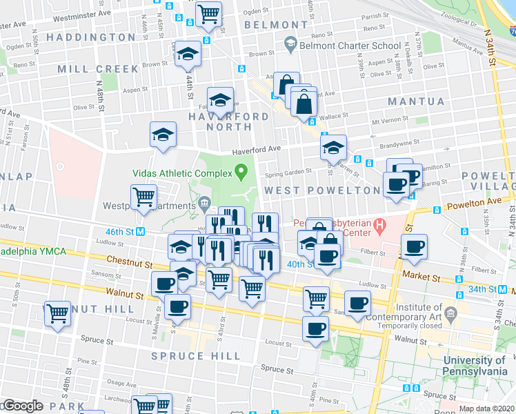 map of restaurants, bars, coffee shops, grocery stores, and more near 348 North 42nd Street in Philadelphia