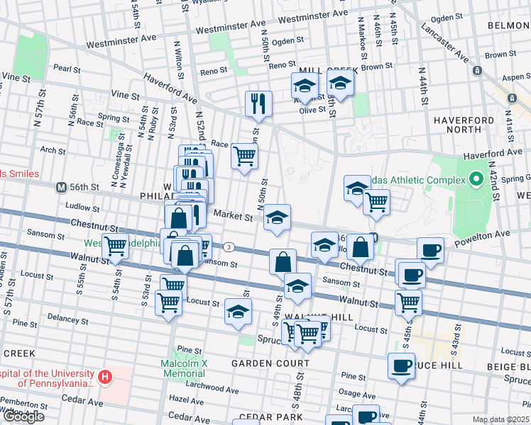 map of restaurants, bars, coffee shops, grocery stores, and more near 13 North 50th Street in Philadelphia