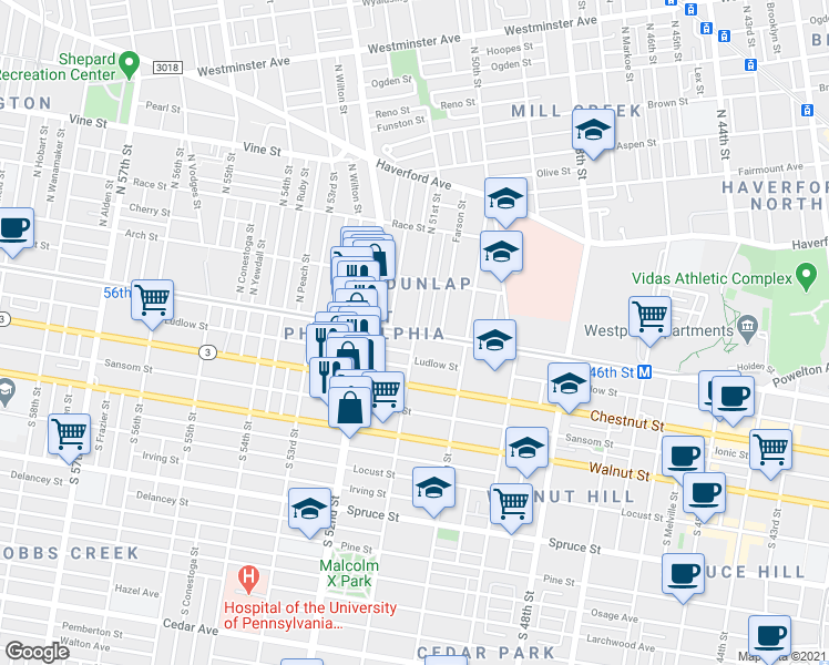 map of restaurants, bars, coffee shops, grocery stores, and more near 5119 Market Street in Philadelphia