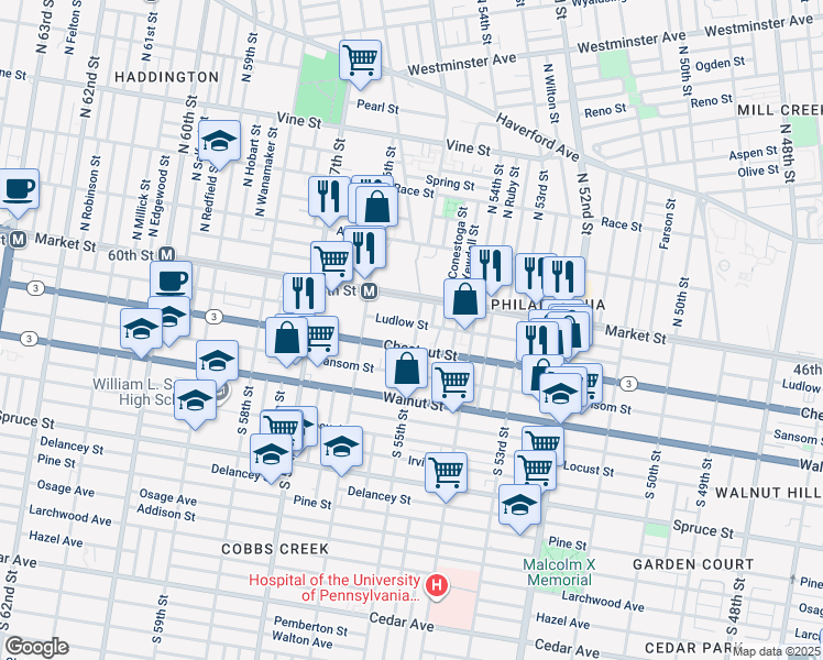 map of restaurants, bars, coffee shops, grocery stores, and more near 26 South 55th Street in Philadelphia