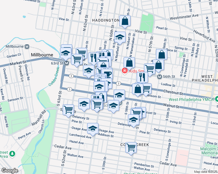 map of restaurants, bars, coffee shops, grocery stores, and more near 114 South Redfield Street in Philadelphia