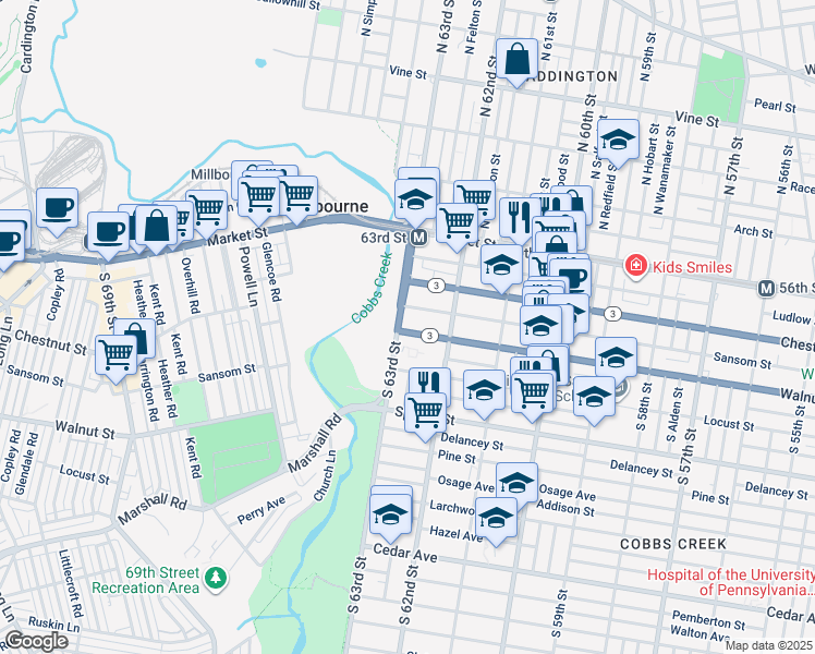 map of restaurants, bars, coffee shops, grocery stores, and more near 153 South 63rd Street in Philadelphia