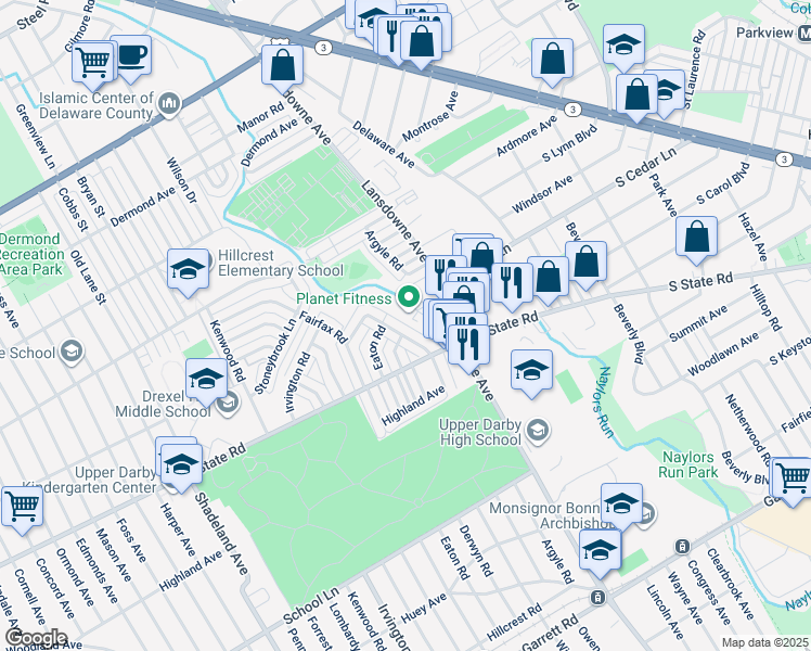 map of restaurants, bars, coffee shops, grocery stores, and more near 430 North Lansdowne Avenue in Drexel Hill